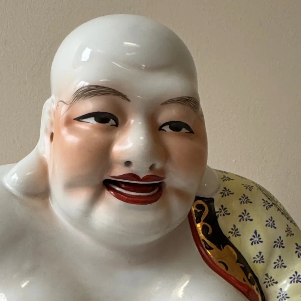 Vintage Hand-Painted Porcelain Laughing Buddha Statue in White and Multicolor - Picture 10 of 14